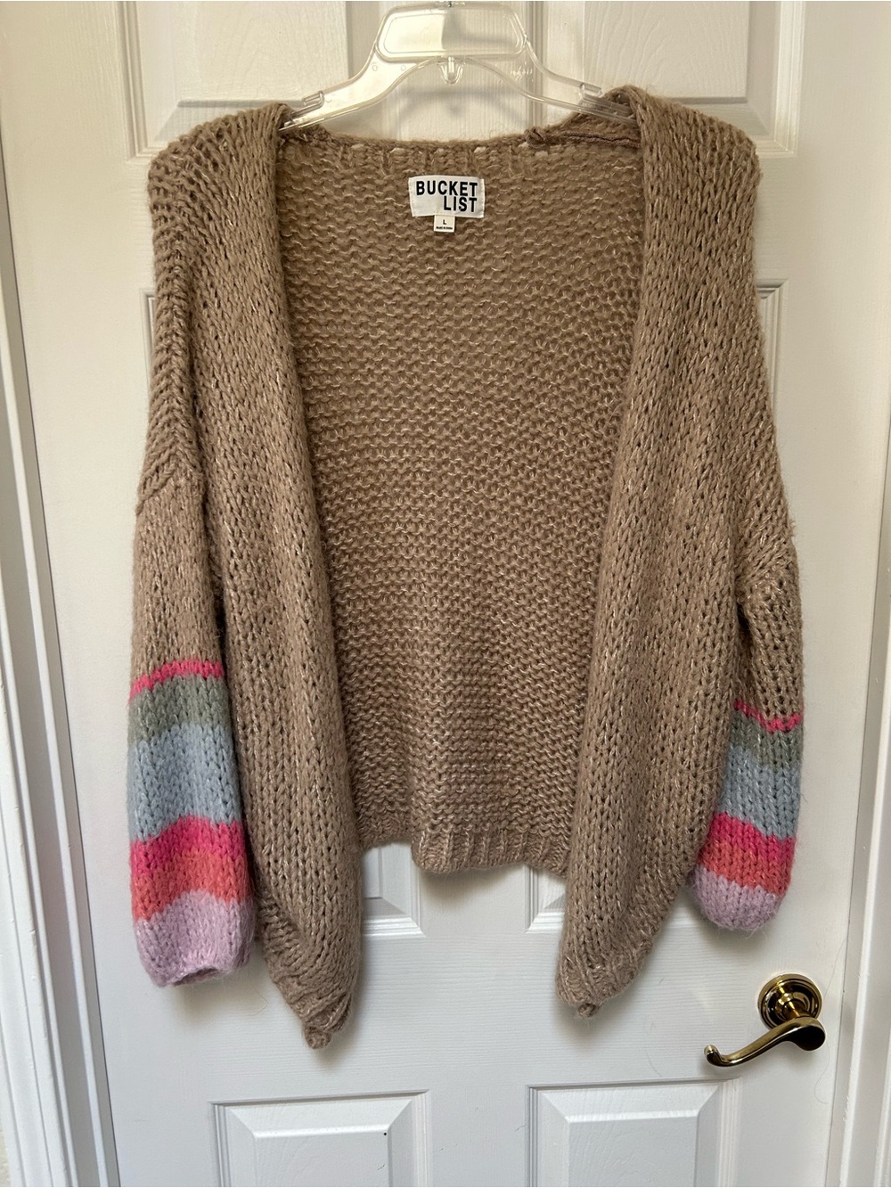 BUCKETLIST Taupe Open Cardigan with Pink, Coral and Blue Stripes